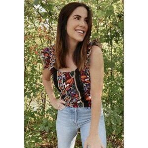 Anthropologie Peachypeach Embroidered Floral Ruffle Sleeve Top Size Small NWT‎